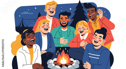 Joyful Campfire Gathering: Illustration of Diverse Friends Sharing Laughter and Stories. Ideal for depicting friendship, outdoor activities, summer camps, and social connections.