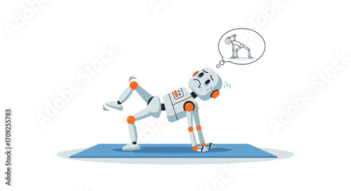 Humorous depiction of a robot struggling with yoga poses, showcasing the challenges of AI in physical activities and highlighting artificial intelligence limitations.