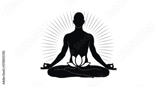 Yoga meditation pose silhouette with lotus flower and radiating light for mindfulness and relaxation design
