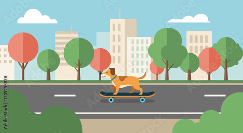 Dog skateboarding in urban park illustration, showcasing pet-friendly activities, vector art for lifestyle blogs, pet product ads, and animal-themed educational content.