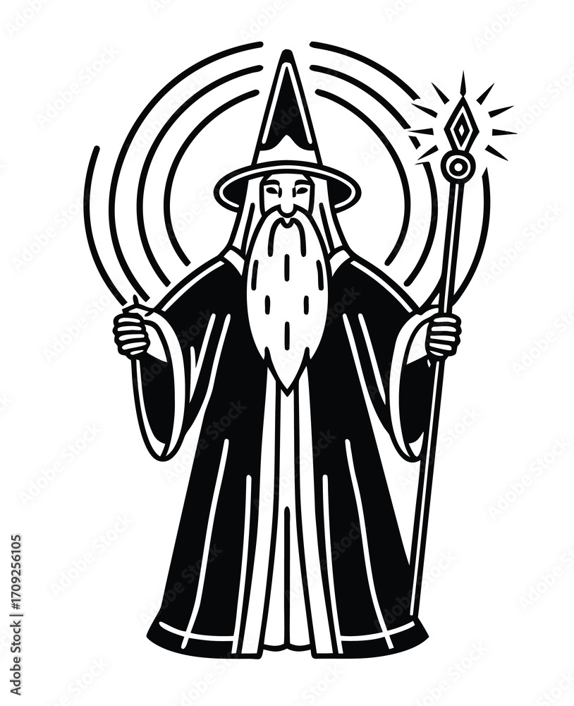 Fototapeta premium Powerful wizard with staff casting spells and magic black and white illustration