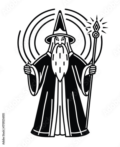 Powerful wizard with staff casting spells and magic black and white illustration