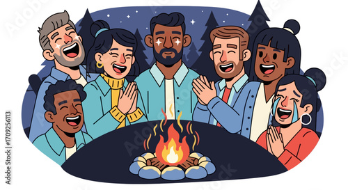 Diverse Group Gathered Around Campfire Sharing Joyful Moments and Laughter, Ideal for Illustrating Team Building, Community Events, or Storytelling