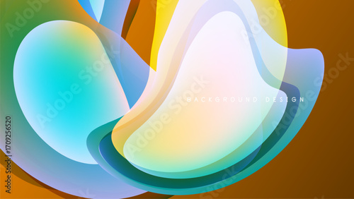 Abstract fluid shapes overlap, creating vibrant color gradients. Soft curves suggest movement, set against dark background. Modern design element.