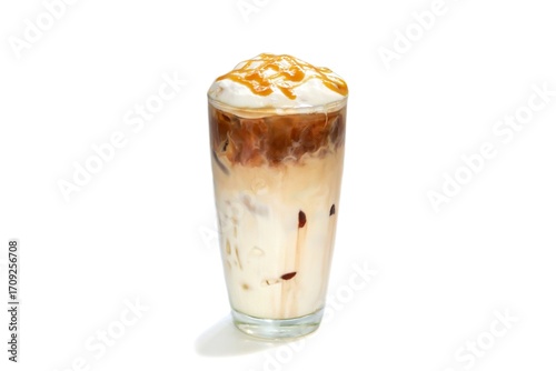 Ice latte coffee serving with vanilla topping put on white background , isolate style.