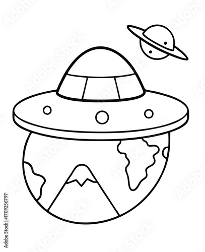 Outlined spaceship with windows hovers above earth with mountain range and saturn