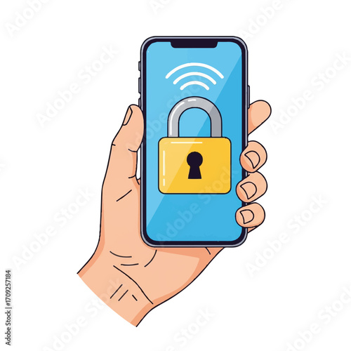Illustration of a hand holding a smartphone with a padlock and Wi-Fi symbol on the screen, indicating secure mobile internet connection.