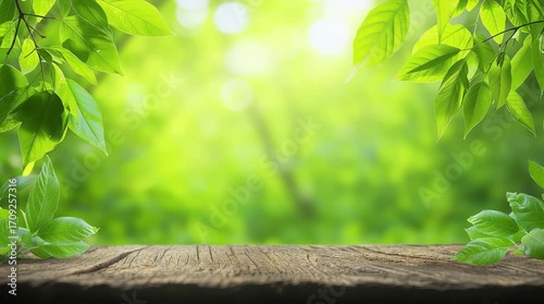 A Rustic Wooden Table Set Against a Lush Green Forest and Sunny Sky.