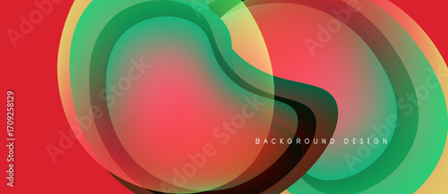 Abstract fluid shapes overlap, creating vibrant color gradients. Red background contrasts with green, orange hues. Modern design element.