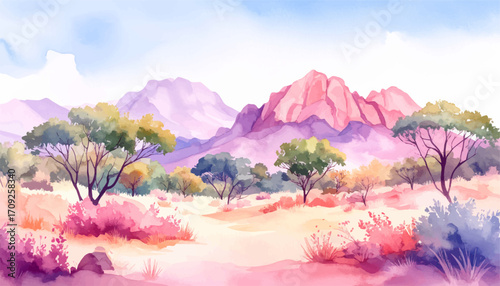 Bright pink desert landscape with colorful flora. Vibrant desert scene with purple and pink rocks and trees. Colorful desert valley with vivid pink plants and rocky cliffs