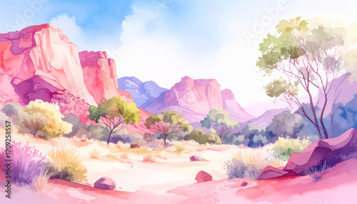 Vibrant pink desert landscape with rocky cliffs. Colorful desert scene with purple mountain. Stunning pink desert with colorful cliffs and plants. Lush desert environment with pink and purple hues
