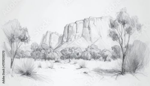 Pencil sketch of desert with rocky cliffs and trees. Detailed desert landscape with cliffs and trees in pencil. Arid landscape sketched in pencil, showing rocky cliffs. Monochrome pencil drawing