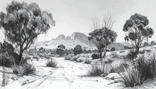 Rocky desert with pencil-stroke details. Rugged wilderness sketch with cliffs. Desert path leading to distant hills. Detailed desert landscape in graphite. Barren desert road sketch in pencil