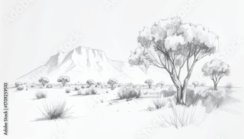 Pencil art of desert trees and rocks. Monochrome desert flora with peaks. Minimal desert sketch with white trees. Quiet desert landscape with trees. Sparse desert art featuring mountains