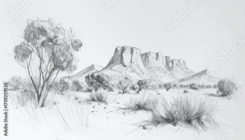 Delicate desert sketch with distant peaks. Calm desert landscape in pencil art. Quiet wilderness drawing with mountains. Minimalist desert with rocky hills. Barren hills drawn in fine pencil strokes