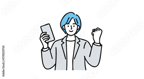 Joyful person holding phone and celebrating success with triumphant fist pump