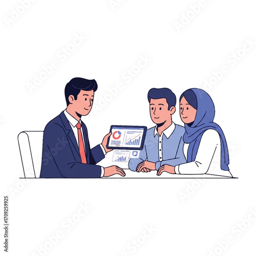 Flat illustration of a diverse team collaborating over a laptop in a meeting with a professional and productive mood.