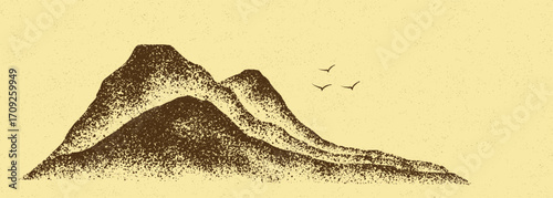 Grain stippled texture mountain range. Spray Painted mountain landscape on vintage style. use for print art, poster, cover, banner