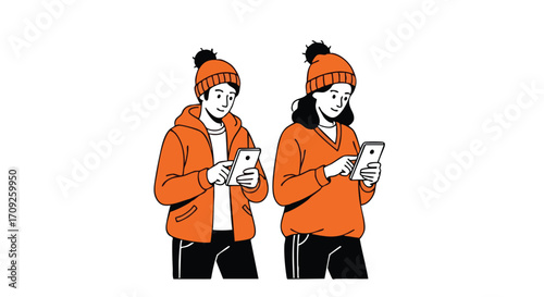 Young couple engrossed in smartphones, connected yet apart, wearing cozy winter hats and jackets