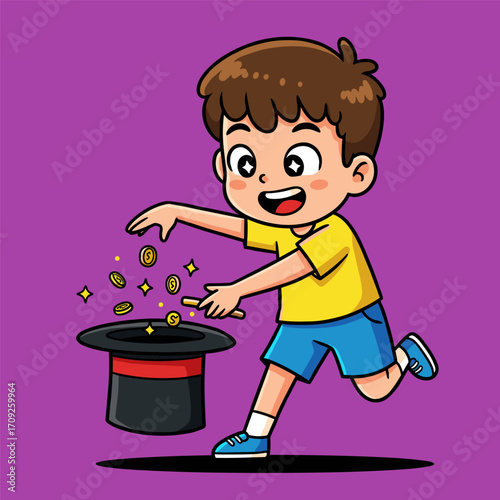 A smiling boy in a yellow shirt performs a magic trick with a wand and top hat, making golden coins and sparkles appear, set against a purple background.
