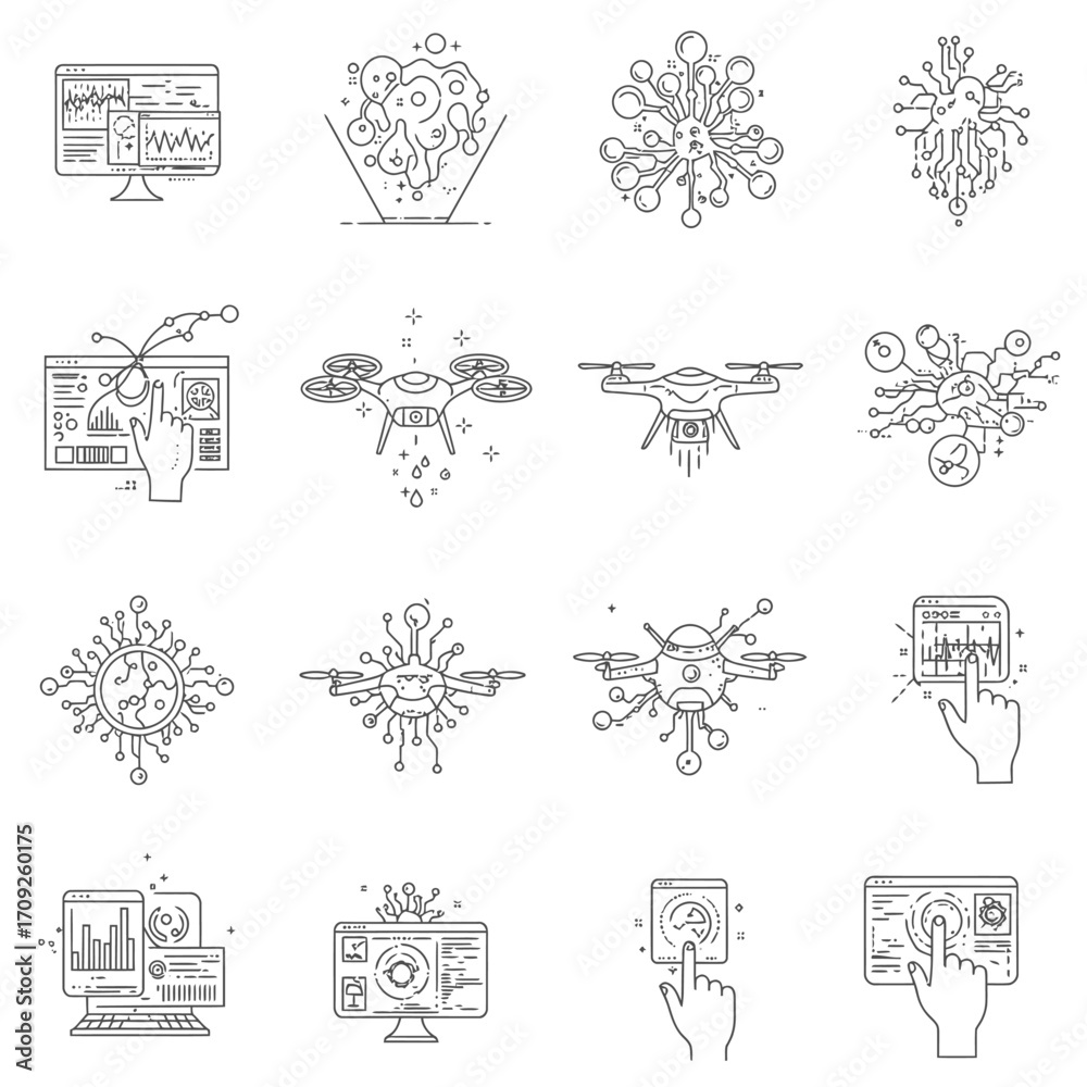 Fototapeta premium Modern line icons illustrating advanced technology: artificial intelligence, big data analytics, drone innovation, and digital interface interaction.