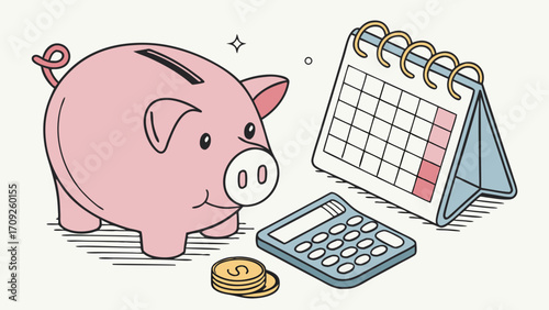 Cartoon piggy bank with calendar and calculator for financial planning and budgeting.