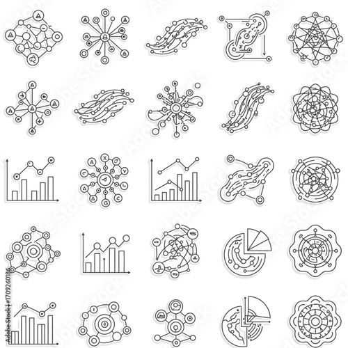 A versatile collection of intricate line art icons, depicting various concepts of data analysis, interconnected networks, and abstract technological structures.