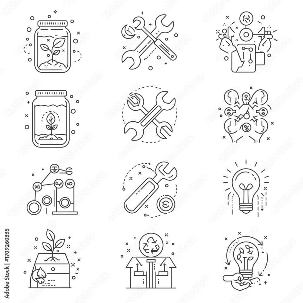 Fototapeta premium A comprehensive collection of line art icons illustrating concepts of sustainability, technological innovation, green energy, and industrial development for modern business solutions.