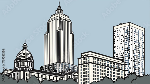 Cityscape illustration urban architecture modern buildings tall skyscraper dome building vector art graphic design city skyline architectural drawing building facade urban scene downto.