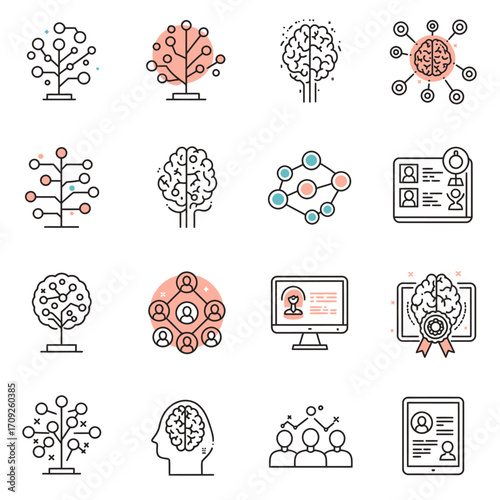 A curated set of contemporary line icons depicting artificial intelligence, data processing, neural networks, and human connection for digital innovation.