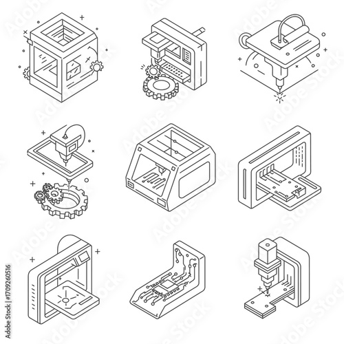 Detailed isometric line art icons depict various advanced 3D printing, CNC machining, and digital fabrication processes for modern industrial applications.