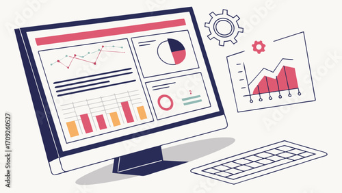Computer screen displaying graphs and charts data analysis business analytics marketing dashboard financial report progress report statistics information technology infographics data vis.