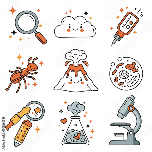 A charming collection of cartoon science and nature icons, featuring whimsical illustrations of laboratory equipment and natural phenomena for educational content.