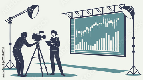 Filming a financial news segment in a studio with a large screen showing stock market charts.