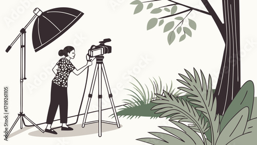 Filming a video outdoors woman operating a camera on a tripod with lighting equipment nature background.