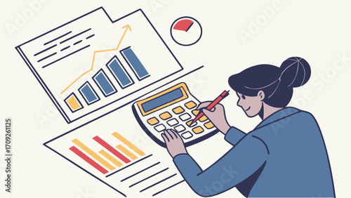 Financial Analysis Businesswoman Working with Charts and Calculator Data Report Accounting Investment Statistics Growth Success Strategy Planning Budget Finance Economy Market Resear.