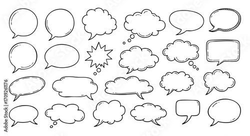 Diverse hand-drawn speech bubbles and thought clouds, perfect for dialogue and ideas.