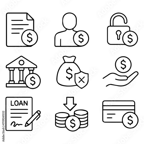 Nine Line Art Financial Icons Banking Loans and Secure Transactions.