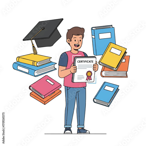 Full-body illustration of a cheerful young man holding a certificate surrounded by books and a graduation cap against a clean white background with a joyful and educational mood.