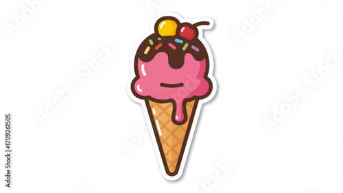 Pink ice cream cone with chocolate syrup and cherry vector illustration design for summer dessert lovers