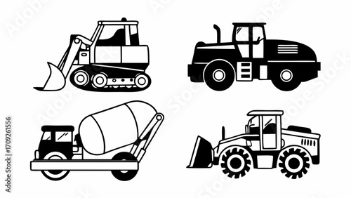 Illustration featuring a collection of construction vehicles including a bulldozer and a cement mixer truck created with generated ai 