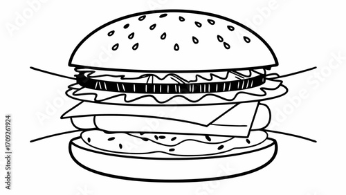 Illustration of a burger with sesame seeds lettuce cheese and patty in black and white outline style created with generated ai 