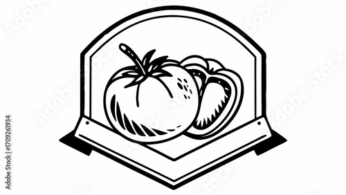 Illustration of tomato and sliced tomato in a decorative frame with banner element at the bottom edge created with generated ai 