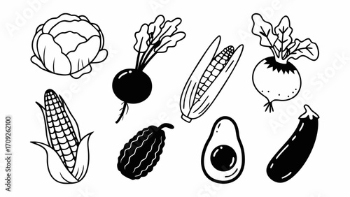 Illustration of various vegetables including corn, cabbage, beet, avocado and eggplant, line art 100 created with generated ai 