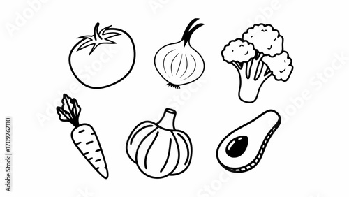 Illustration of six different vegetables including tomato onion broccoli and more in black outline style created with generated ai 
