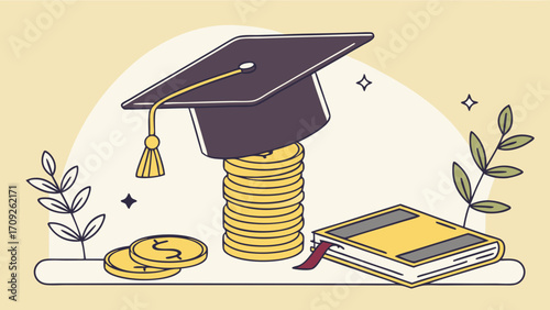 Graduation cap on coins stack with book education cost tuition fees scholarship student loan financial aid academic success learning knowledge textbook money wealth finance investmen.