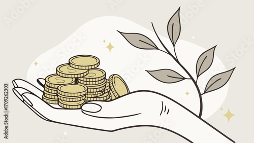 Hand holding stack of coins with leaves illustration financial growth wealth prosperity saving money concept.