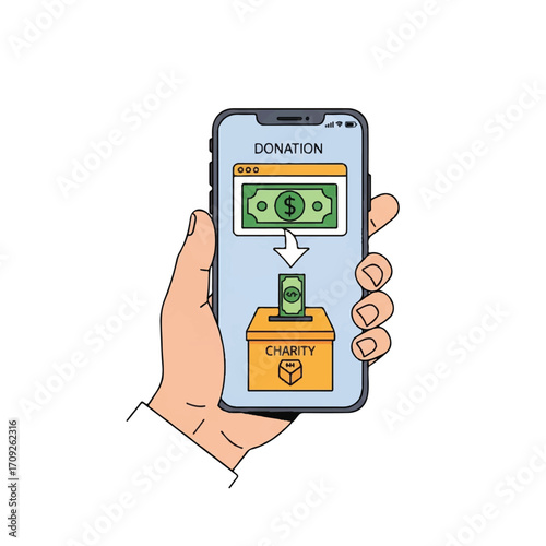 Illustration of a hand holding a smartphone with a donation interface on the screen, showing money being transferred to a charity box.