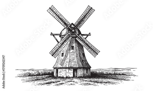 Rural Windmill Hand-Drawn Sketch