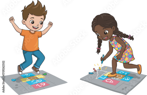 Cartoon illustration of happy children playing hopscotch outdoors, boy jumping and girl drawing with chalk, fun learning playground activity.